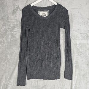 Mudd VTG Ribbed Fitted Tunic Sweater Top Large Grey Y2K Grunge Sheer